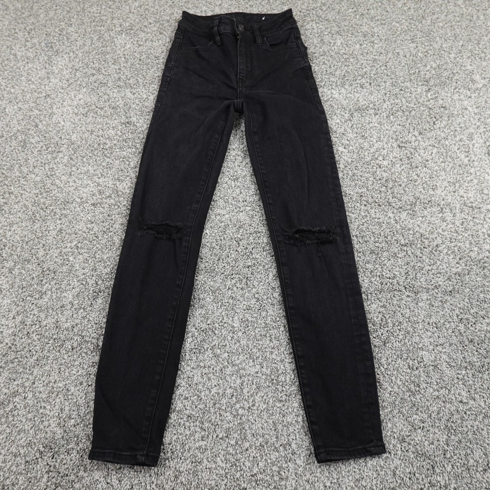 American Eagle Jeans Women 000 Black Denim Distressed Super Hi Rise Jegging Flex